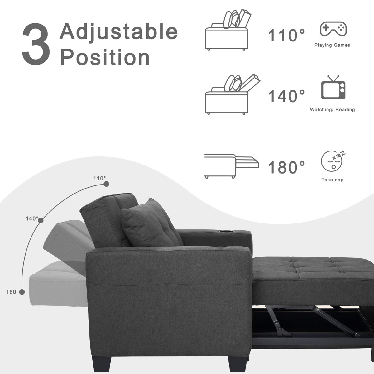 Latitude Run 36.6" Wide Convertible Chair 3-In-1 Pull Out Sleeper Futon Chair Beds with USB